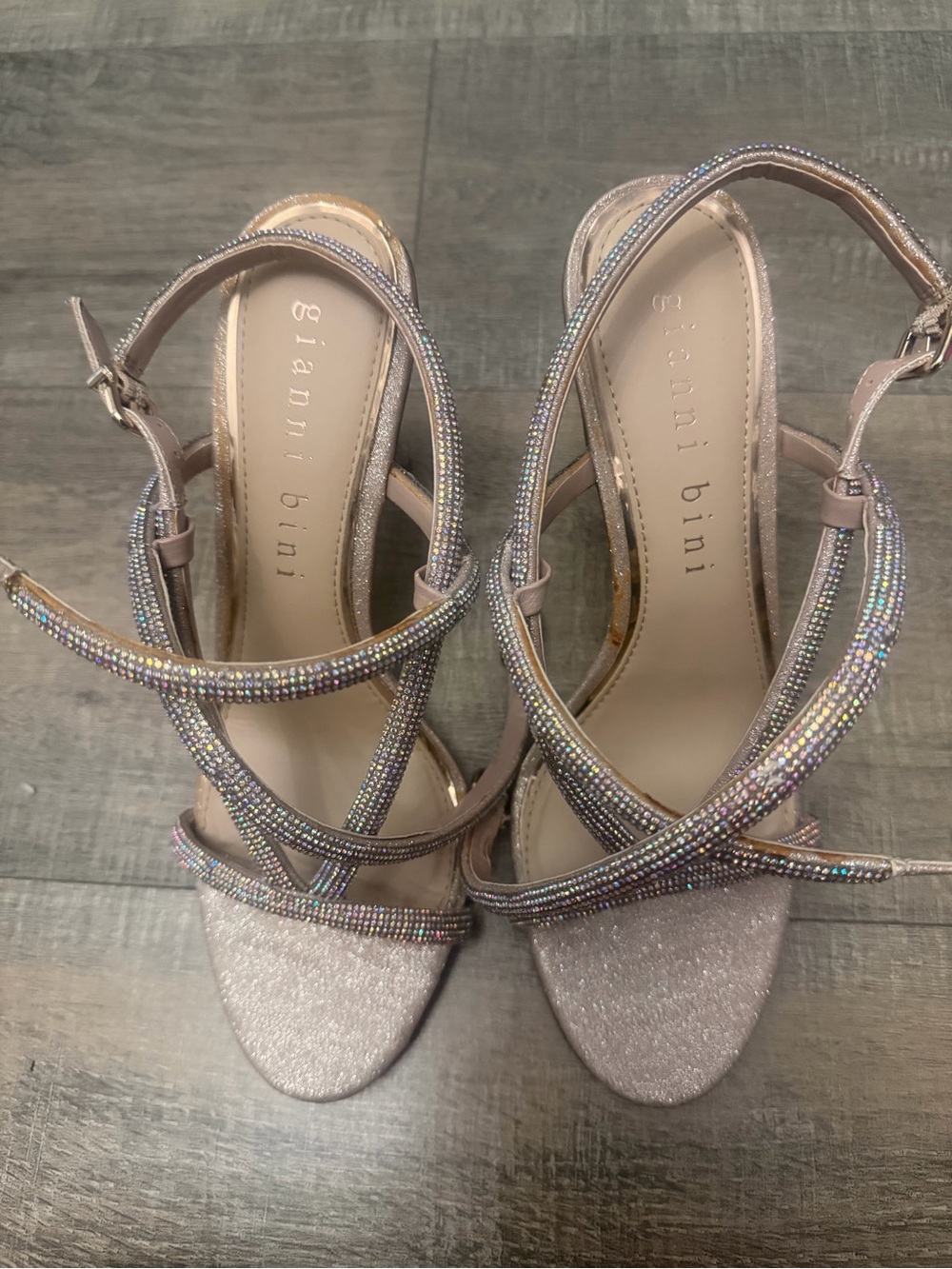 Gianni Bini Iridescent Crystal Strappy Heels in Light Pink